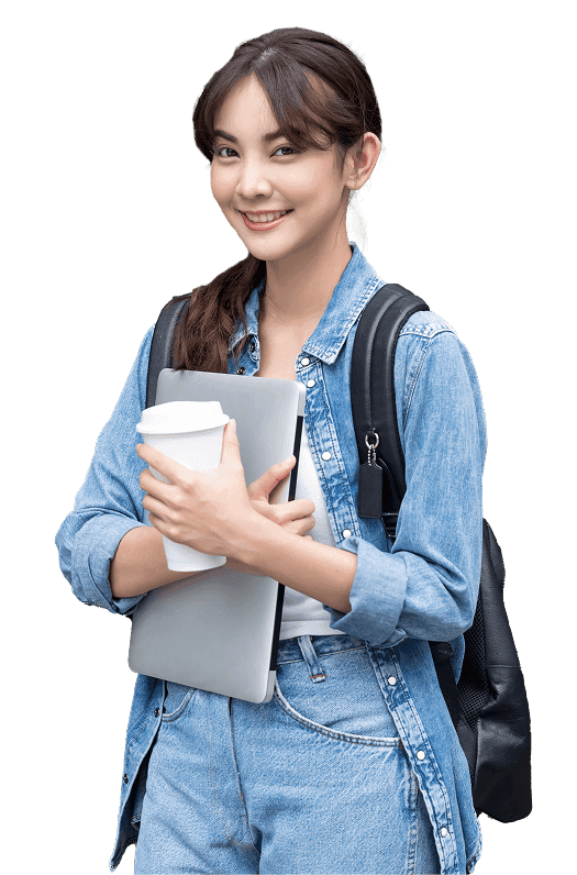 Student holding a laptop and coffee