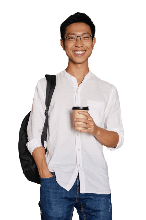 Smiling student with a backpack and coffee